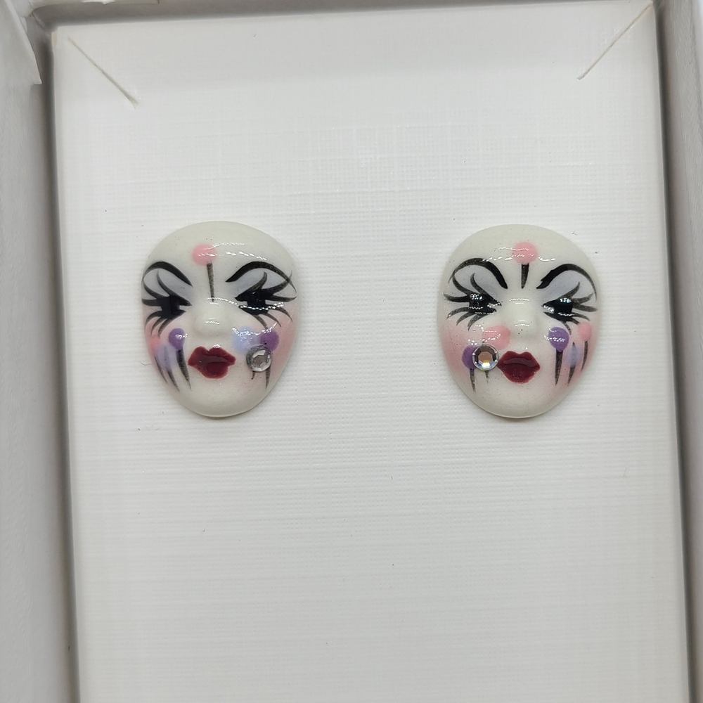 Vintage Fancy Faces Hand Painted Porcelian Mardi Gras Mask Stud Earrings